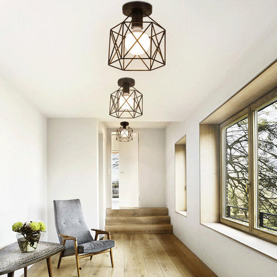 Industrial Cage Metal Ceiling Light In Black - Single - Bulb Semi Flush Fixture Ideal For Corridor