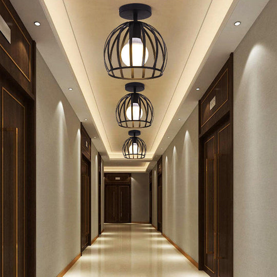 Industrial Cage Metal Ceiling Light In Black - Single - Bulb Semi Flush Fixture Ideal For Corridor