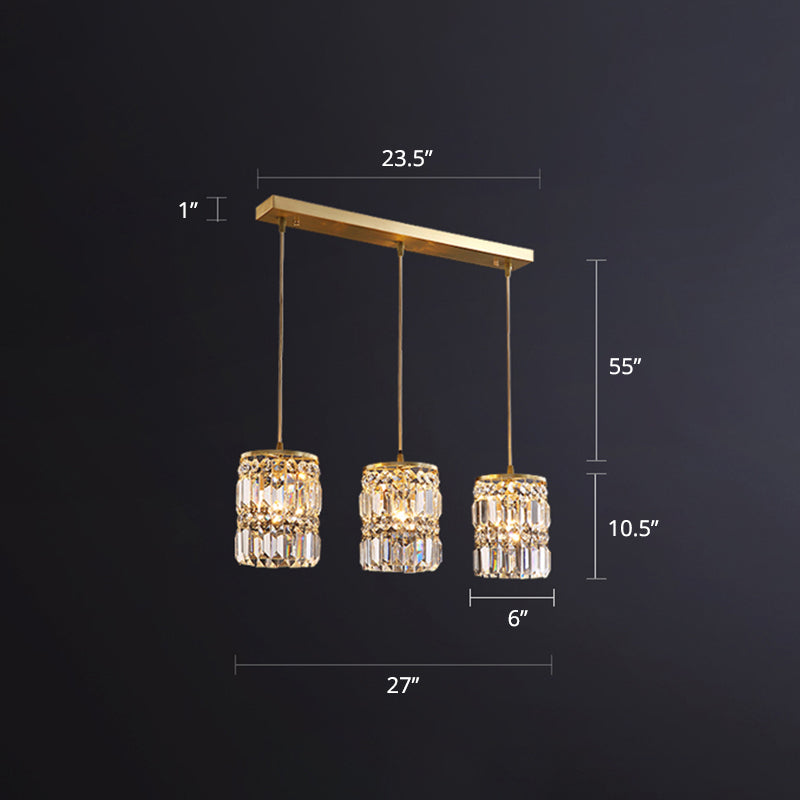 Minimalist Gold Pendant Light Fixture: Crystal Cylindrical Multi-Light 3-Light Hanging Design For