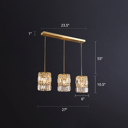 Minimalist Gold Pendant Light Fixture: Crystal Cylindrical Multi-Light 3-Light Hanging Design For