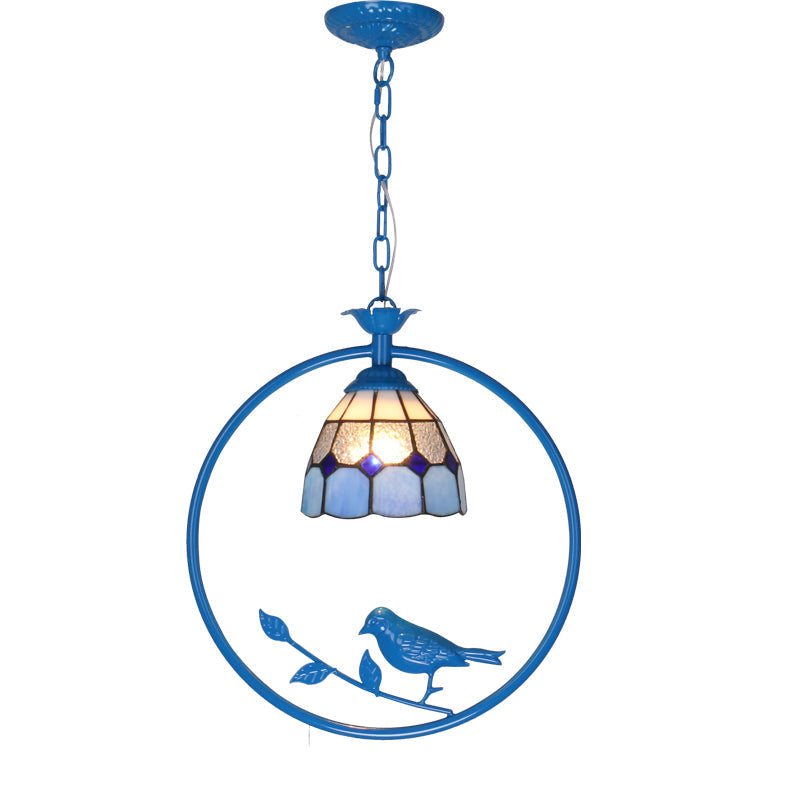 Vintage Tiffany Glass Pendant Ceiling Lamp - Blue Ring Pendulum Light For Bedroom