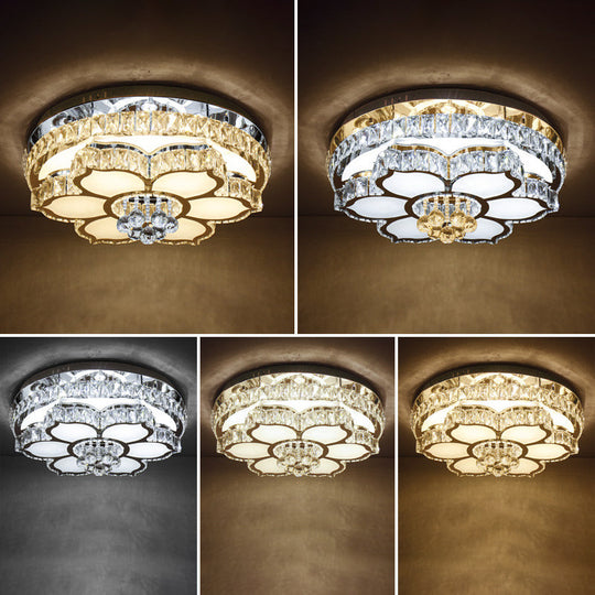 Modern White Led Crystal Flower Ceiling Light For Living Room With Flush Mount Design / 23.5’