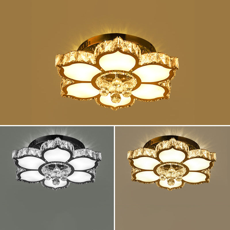 Modern White Led Crystal Flower Ceiling Light For Living Room With Flush Mount Design / 21.5