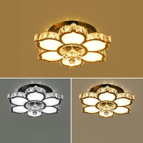 Modern White Led Crystal Flower Ceiling Light For Living Room With Flush Mount Design / 21.5