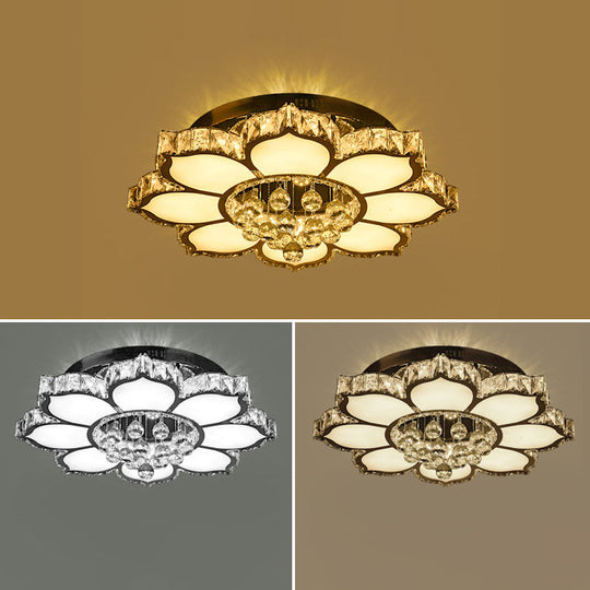 Modern White Led Crystal Flower Ceiling Light For Living Room With Flush Mount Design / 25.5’