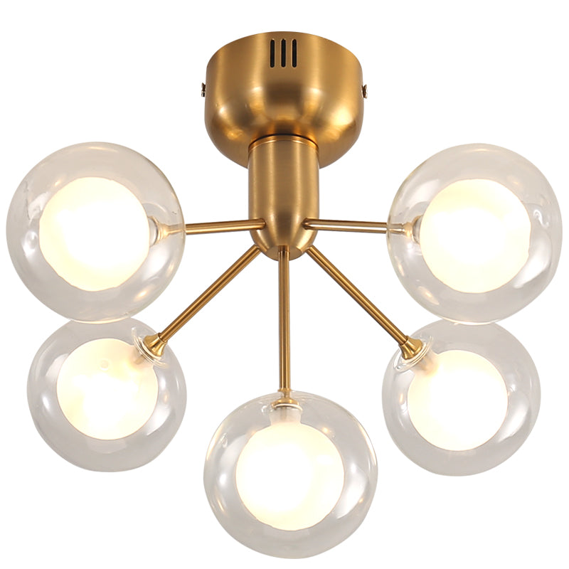 Minimalistic 5 - Head Clear And Frosted Glass Molecule Ceiling Fixture For Corridor Lighting