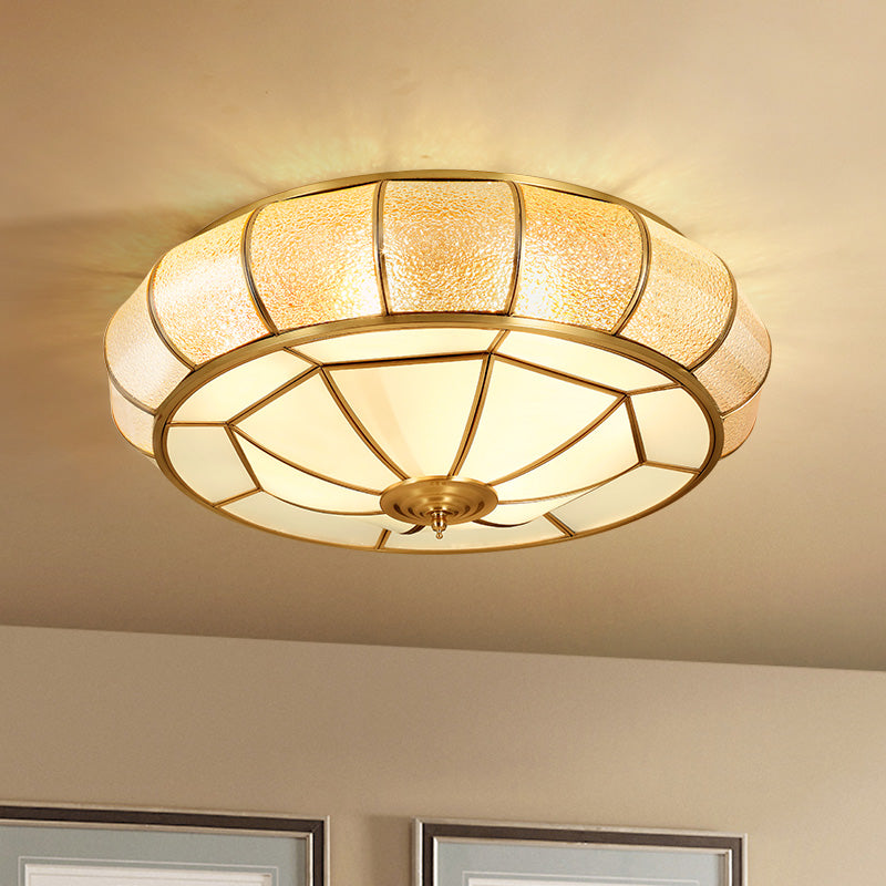 Gold Round Textured Glass Flush Ceiling Light For Traditional Bedroom – Elegant Flushmount