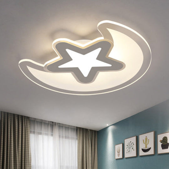 Crescent And Star Led Cartoon Ceiling Light For Children’s Room In White