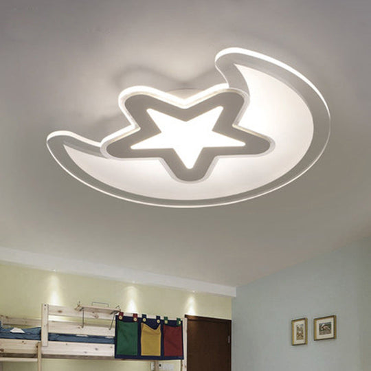 Crescent And Star Led Cartoon Ceiling Light For Children’s Room In White
