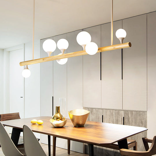 Minimalist Wood Island Pendant Light With Opal Glass Balls - Perfect For Restaurants