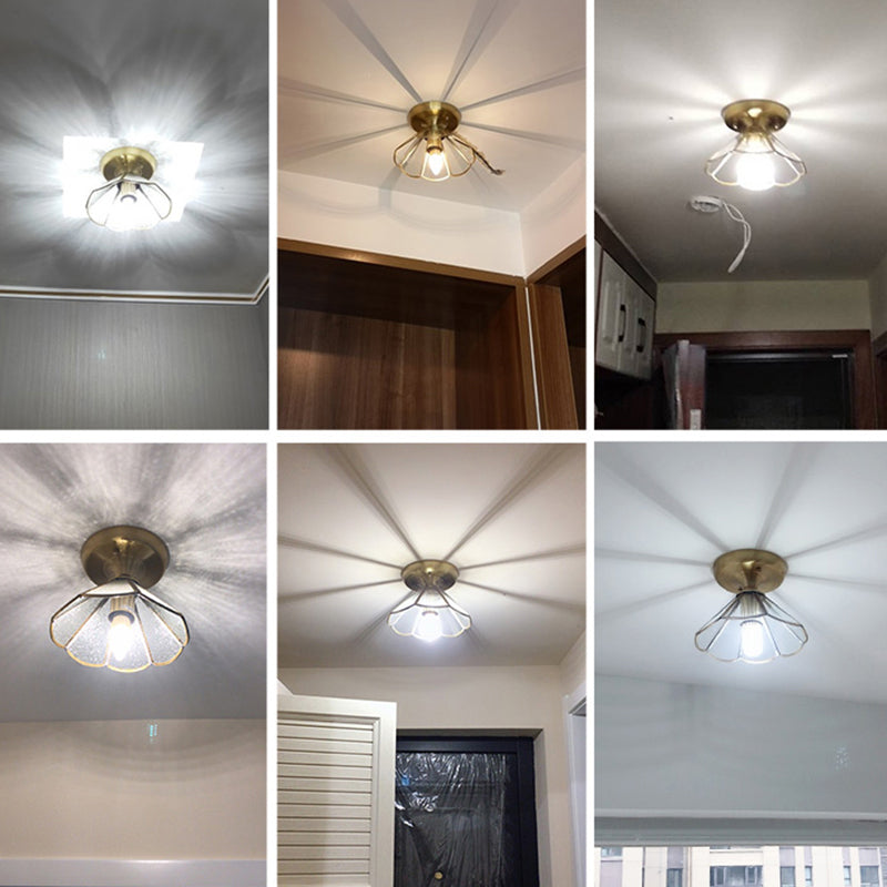 Vintage Glass Conical Foyer Ceiling Light With Scalloped Edge - Brass Flush Mount 1 Bulb