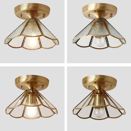Vintage Glass Conical Foyer Ceiling Light With Scalloped Edge - Brass Flush Mount 1 Bulb