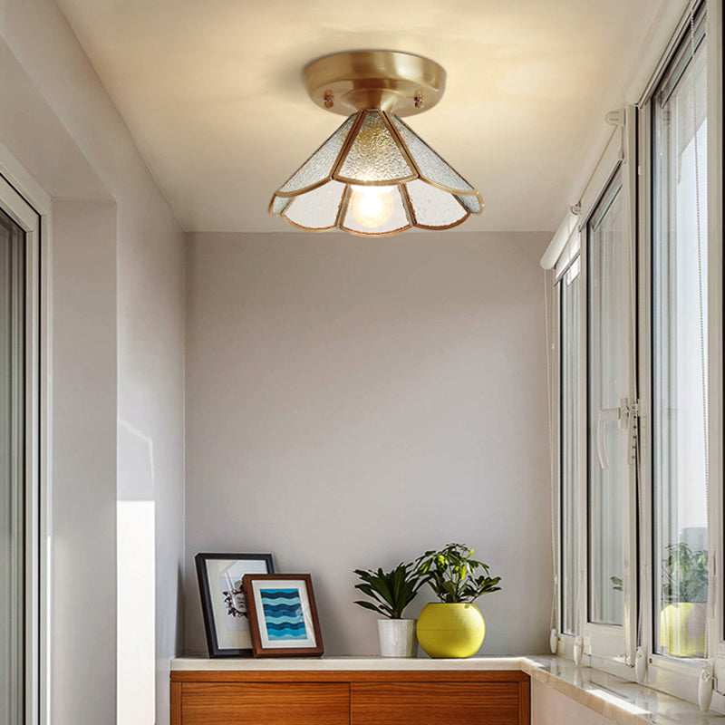 Vintage Glass Conical Foyer Ceiling Light With Scalloped Edge - Brass Flush Mount 1 Bulb