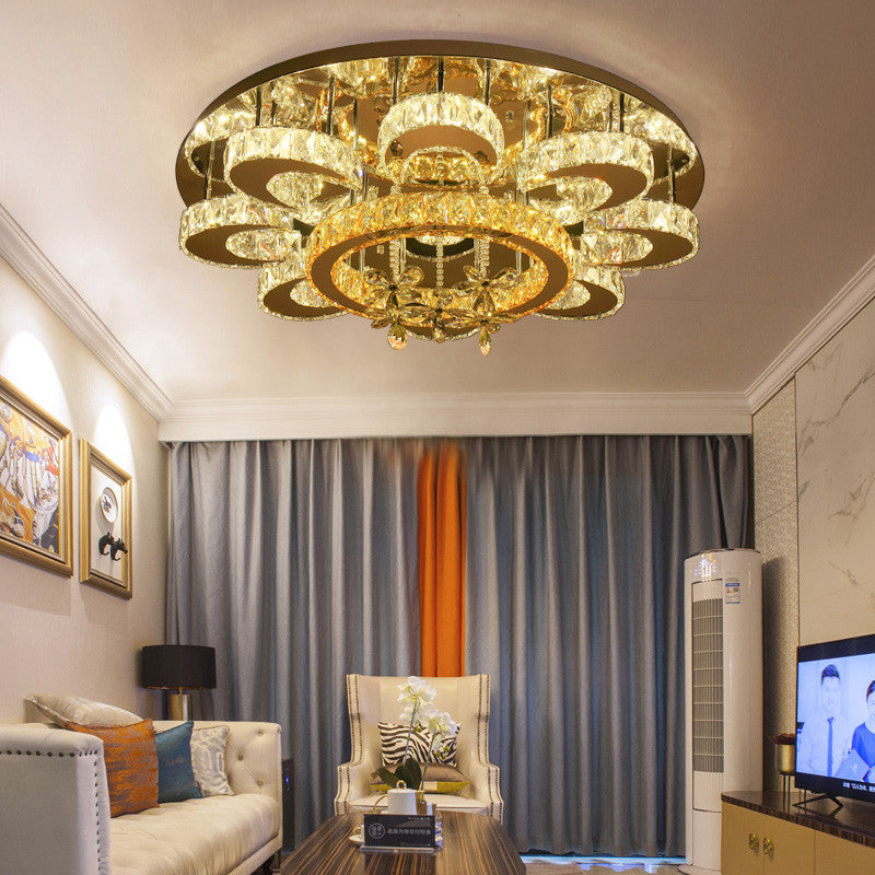 Chrome Led Flower Ceiling Light: Modern Clear Crystal Flush Fixture For Living Room