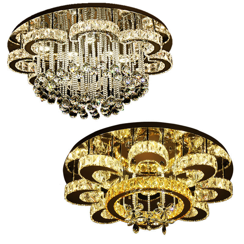 Chrome Led Flower Ceiling Light: Modern Clear Crystal Flush Fixture For Living Room