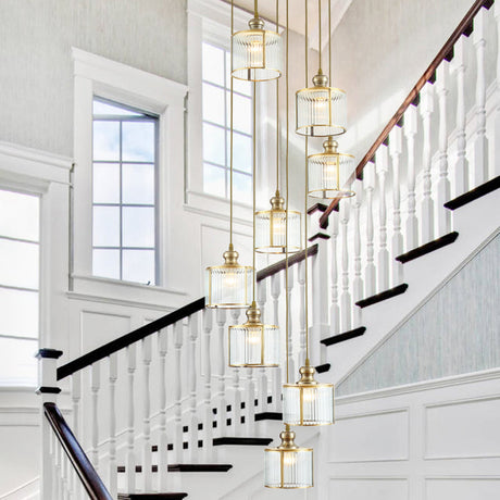 Stylish Brass Cylinder Pendant Light Fixture With Ribbed Glass - Ideal For Stairways 8 /