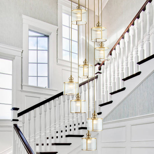 Stylish Brass Cylinder Pendant Light Fixture With Ribbed Glass - Ideal For Stairways 8 /