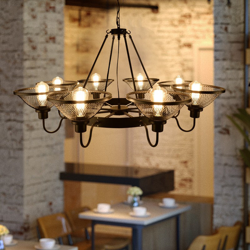 Industrial Conical Mesh Chandelier - Black Metallic Suspended Lighting For Restaurants