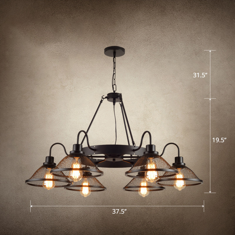 Industrial Conical Mesh Chandelier - Black Metallic Suspended Lighting For Restaurants