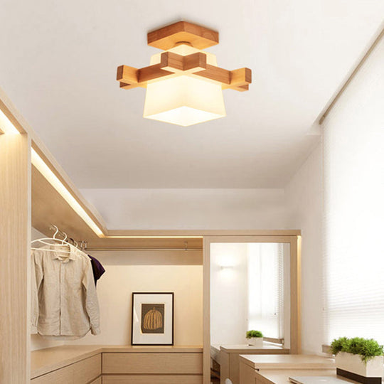 Modern Wood Flush Mount Lamp - White Glass With Trapezoid Design