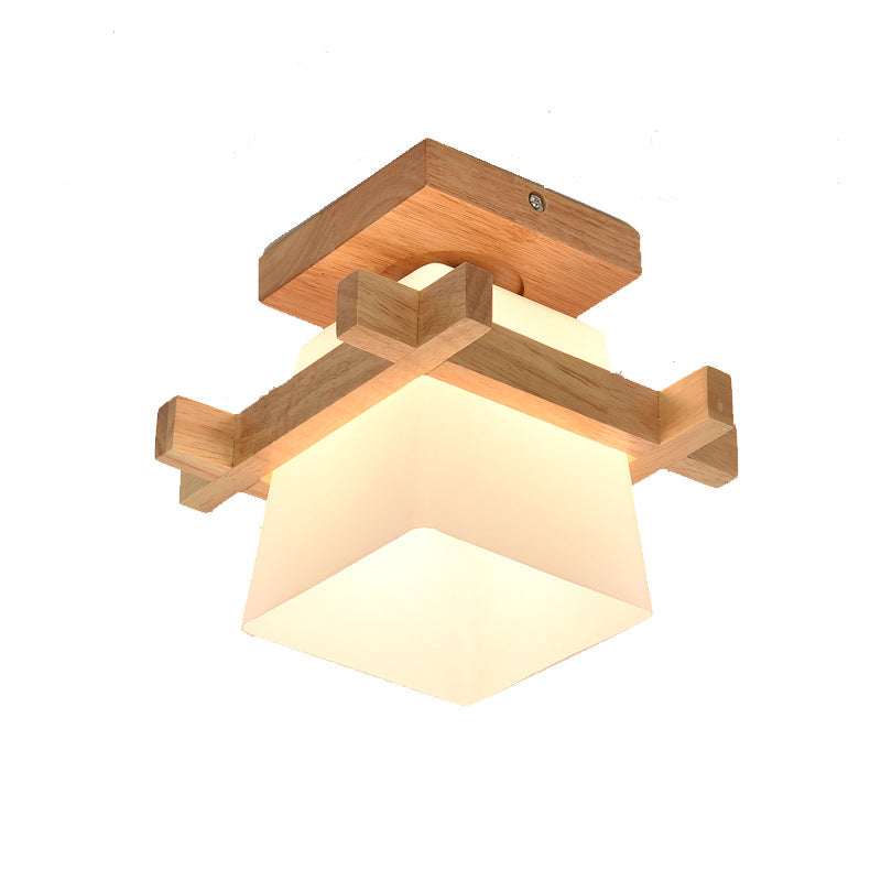 Modern Wood Flush Mount Lamp - White Glass With Trapezoid Design