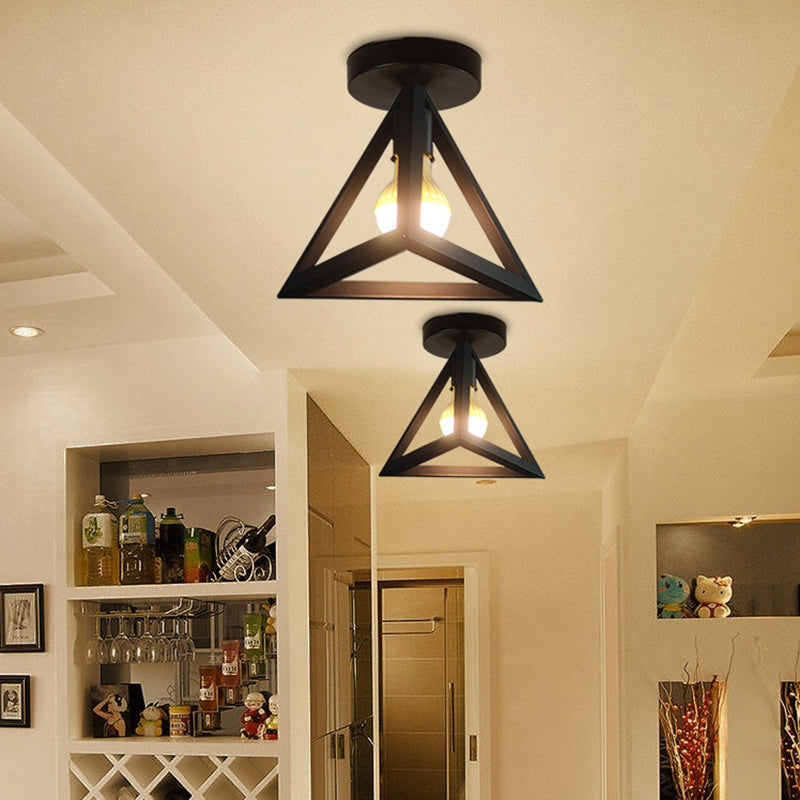 Iron Caged Flush Mount Ceiling Lamp - Industrial Style With 1-Bulb Black