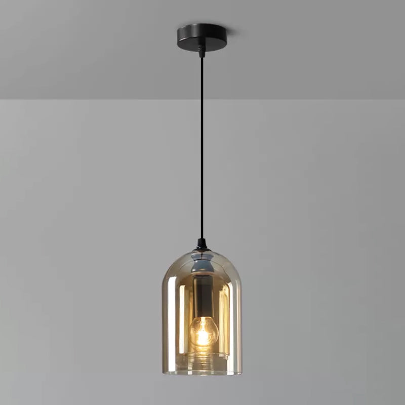 Postmodern Blown Glass Pendant Light - Dual Cloche Shape 1 Head Suspension Bedroom Lighting Cognac