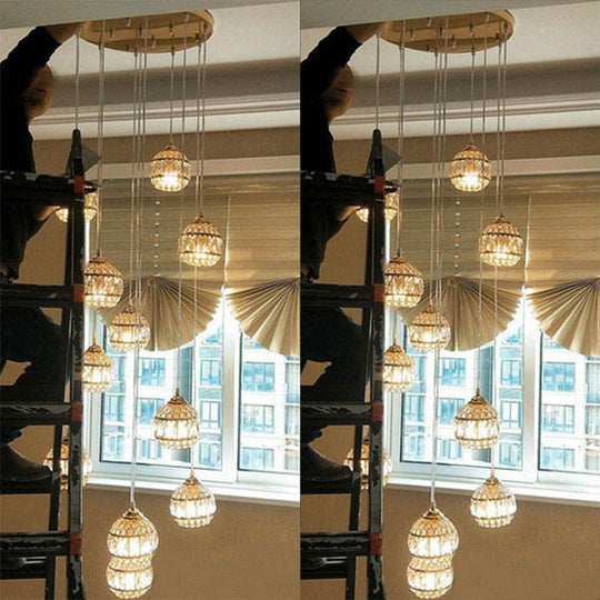 Gold Crystal Encrusted Sphere Pendant – Modern Style Ceiling Hanging Lantern For Staircase 12 /