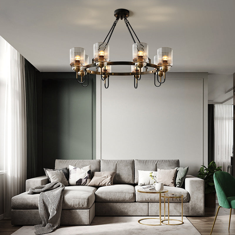 Vintage Black Glass Ribbed Chandelier - Cylindrical Suspension Lamp For Dining Room 8 /