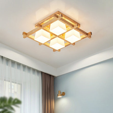 Modern Checkered Wood Ceiling Light - Beige Flushmount With Opal Glass Shade 4 /