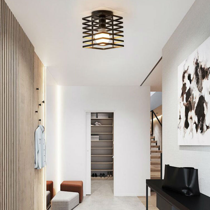 Iron Ceiling Mounted Industrial Black Rectangular Cage Flush Light - 1 - Bulb Fixture For Corridors