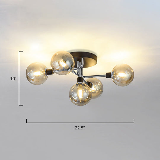 Postmodern Semi Flush Ceiling Lamp - 5-Light Dining Room Light Fixture With Ball Glass Shade