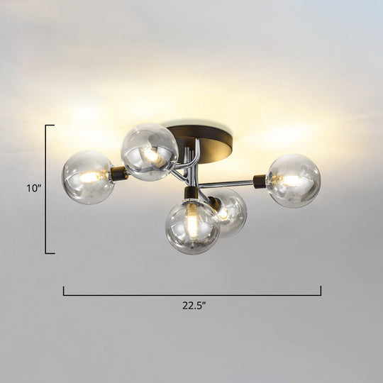 Postmodern Semi Flush Ceiling Lamp - 5-Light Dining Room Light Fixture With Ball Glass Shade