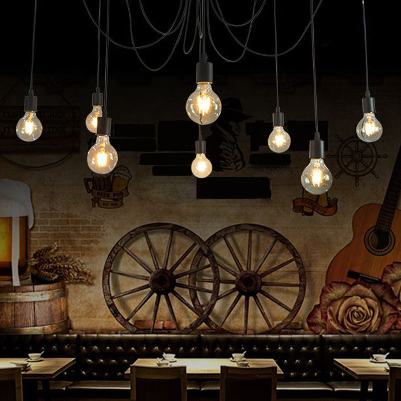 Industrial Black Metal Spider Ceiling Lamp With 8 Bulbs - Swag Pendant Lighting For Restaurants