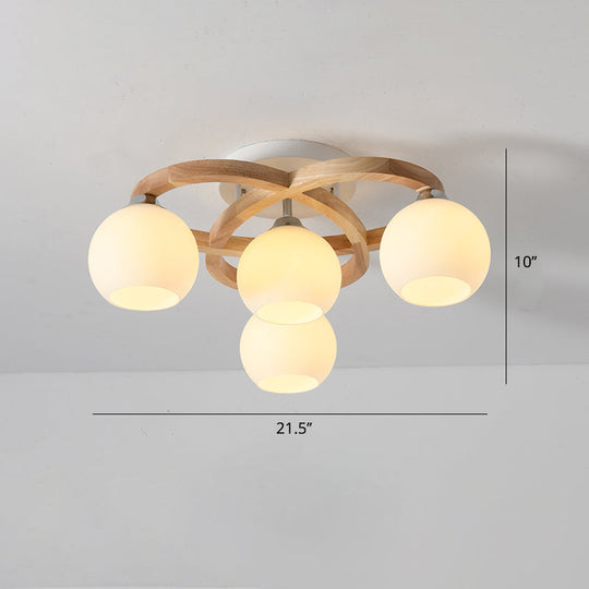 Nordic Wooden Semi Flush Bedroom Ceiling Lamp With Milk Glass Shade