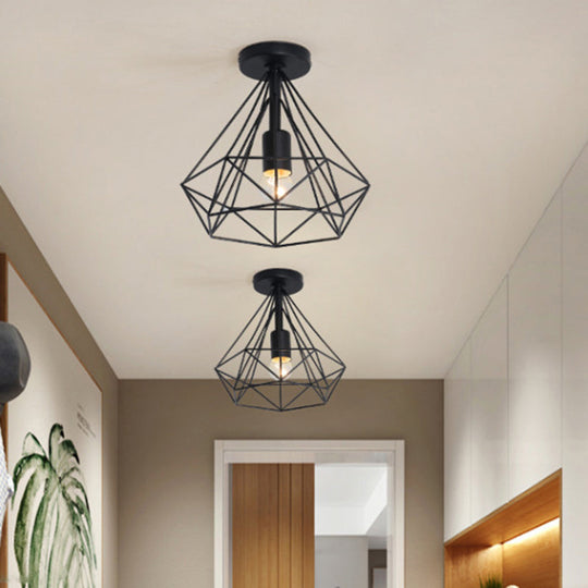 Vintage Black Iron Wire Diamond Ceiling Flush Light With 1 - Light Passageway Mount