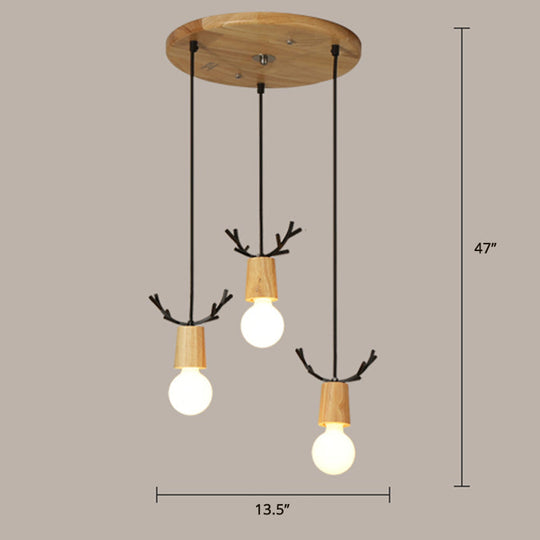 Nordic Antler Wood Pendant Light With 3 Hanging Bulbs - Ideal For Restaurants