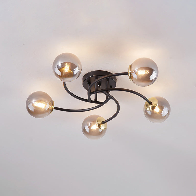 Modern Swirled Metal Semi Flush Ceiling Light With Glass Ball Shade 5 / Black Smoke Grey