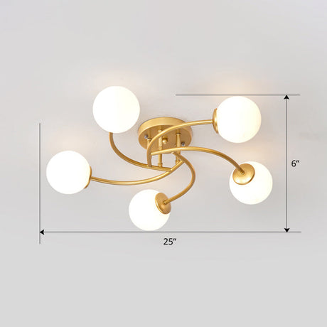 Modern Swirled Metal Semi Flush Ceiling Light With Glass Ball Shade