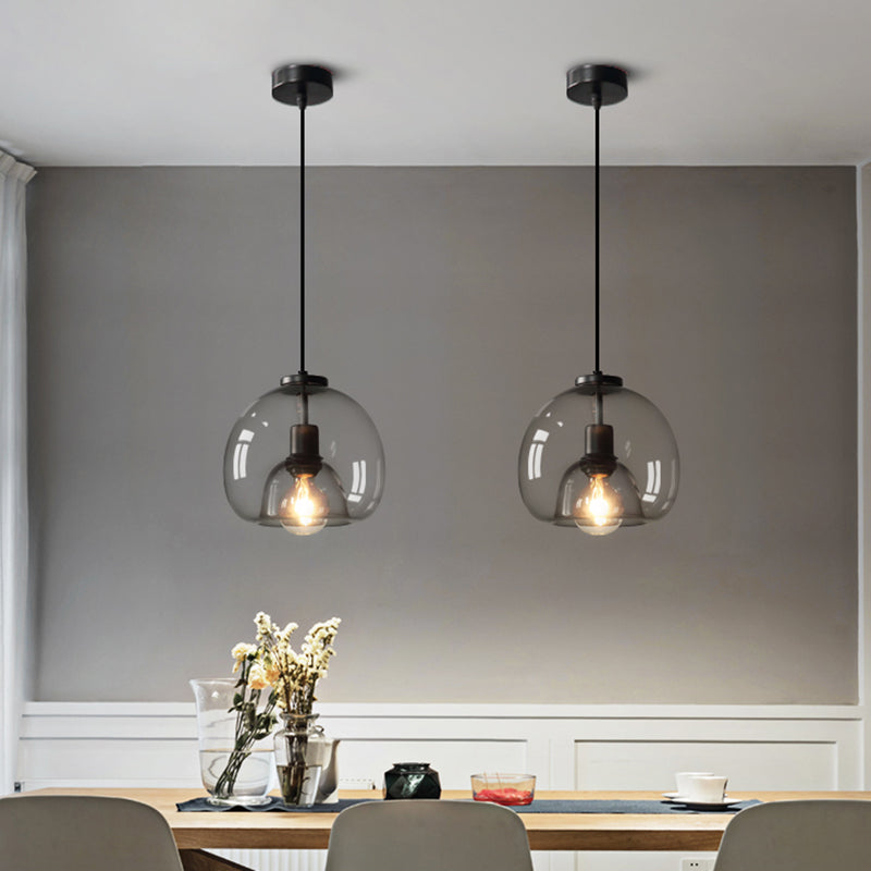 Hand-Blown Glass Dome Hanging Lamp Minimalist 1-Light Black Pendant Light Fixture Over Table