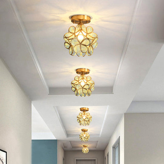 Tiffany Floral Semi Mount 1 - Light Glass Ceiling Flush Light In Brass - Ideal For Hallway Décor