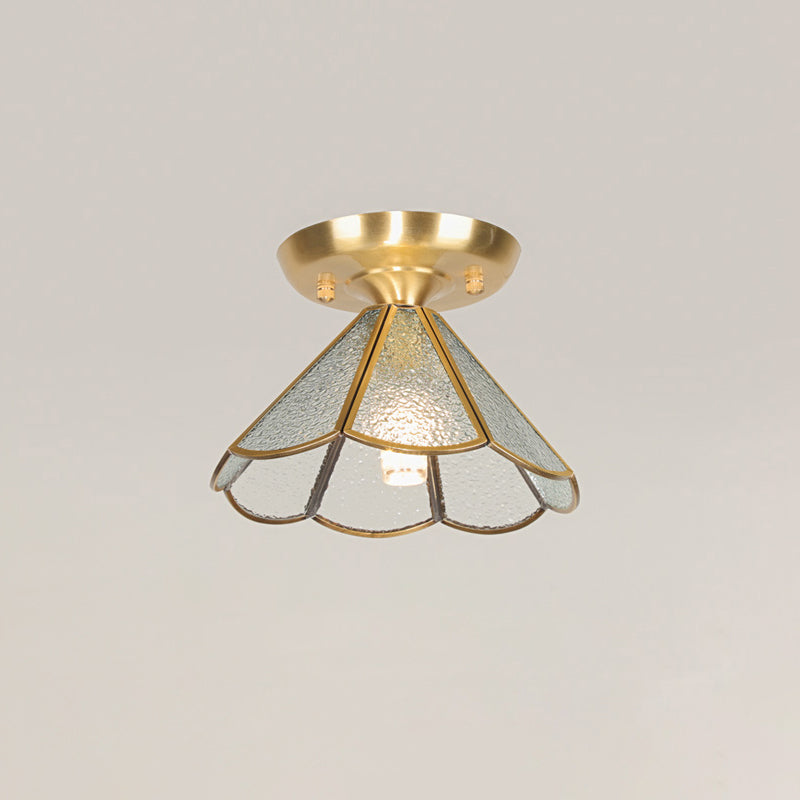 Tiffany Floral Semi Mount 1 - Light Glass Ceiling Flush Light In Brass - Ideal For Hallway Décor