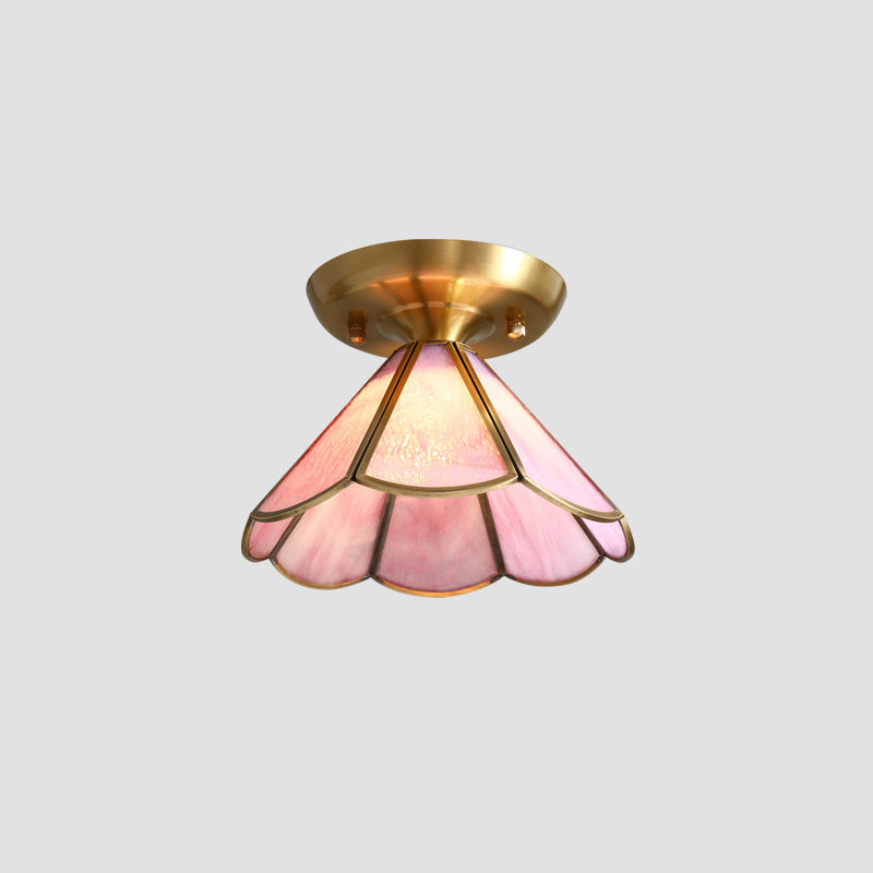 Tiffany Floral Semi-Mount 1-Light Ceiling Flush Light In Brass Perfect For Hallway Décor Peach