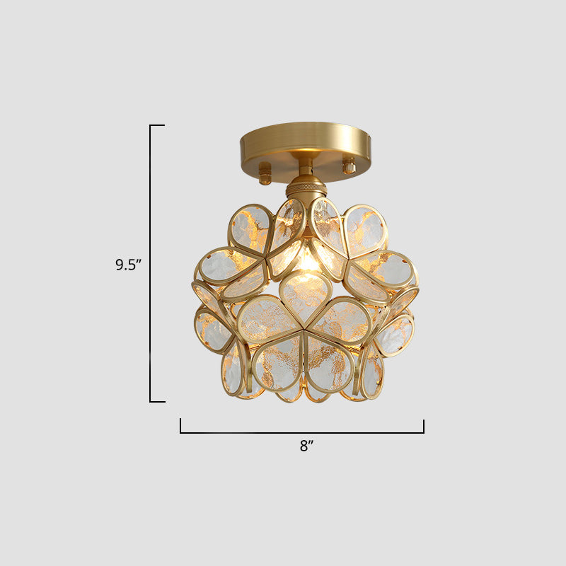Tiffany Floral Semi Mount 1 - Light Glass Ceiling Flush Light In Brass - Ideal For Hallway Décor