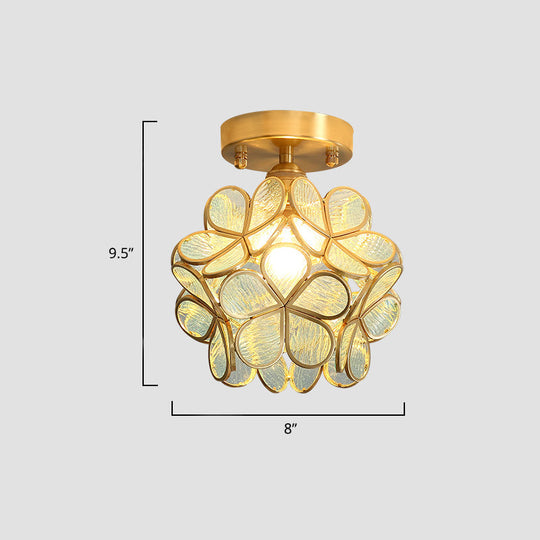 Tiffany Floral Semi Mount 1 - Light Glass Ceiling Flush Light In Brass - Ideal For Hallway Décor