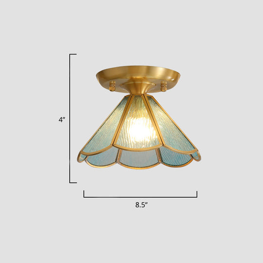 Tiffany Floral Semi Mount 1 - Light Glass Ceiling Flush Light In Brass - Ideal For Hallway Décor