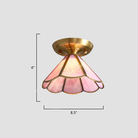 Tiffany Floral Semi-Mount 1-Light Ceiling Flush Light In Brass Perfect For Hallway Décor