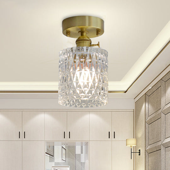 Minimalist Brass 1-Head Ceiling Light With Carved Glass Shade For Corridors