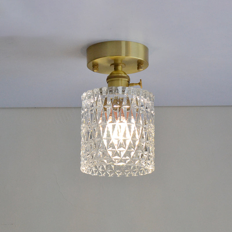 Minimalist Brass 1-Head Ceiling Light With Carved Glass Shade For Corridors