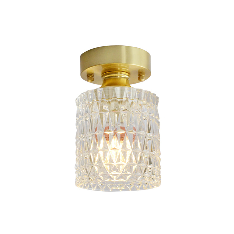 Minimalist Brass 1-Head Ceiling Light With Carved Glass Shade For Corridors